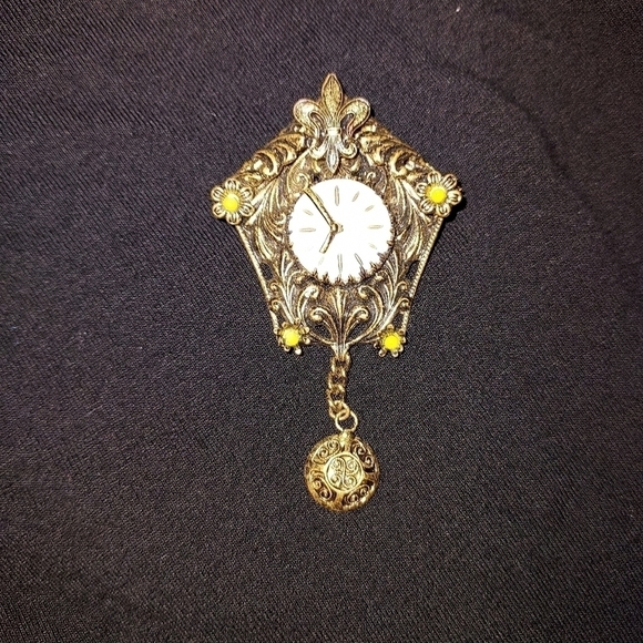Vintage 40"s brass and glass face cuckoo clock Brooch pin Czech Slovakic - Picture 8 of 10